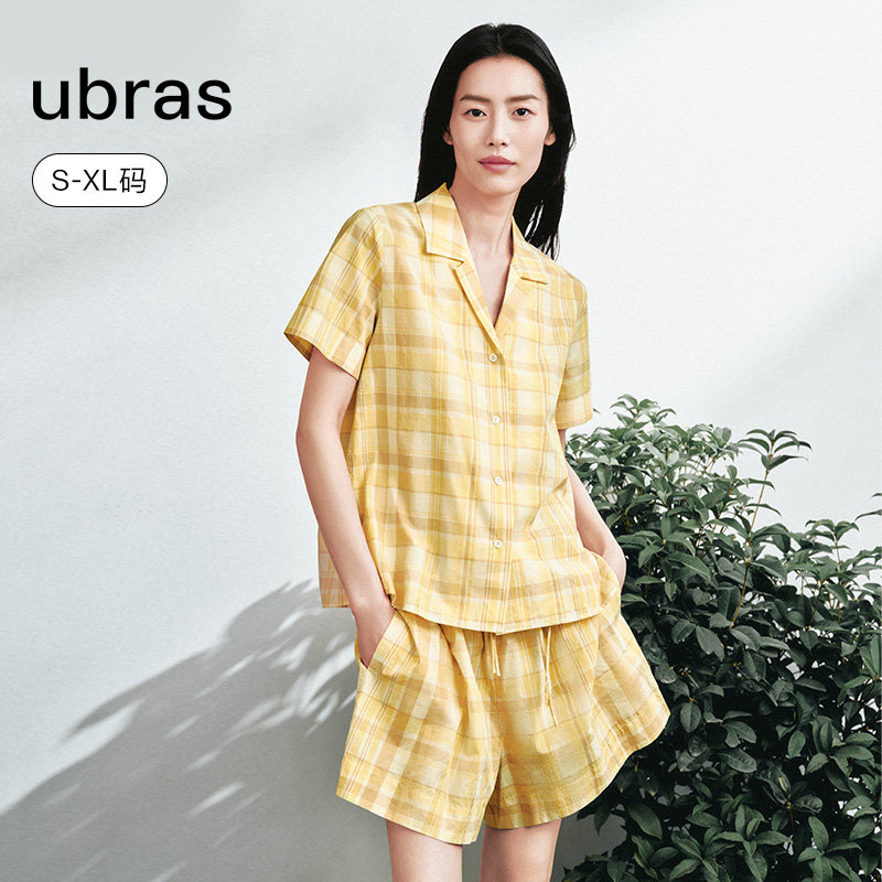 ubras纯棉格纹短袖短裤家居服女