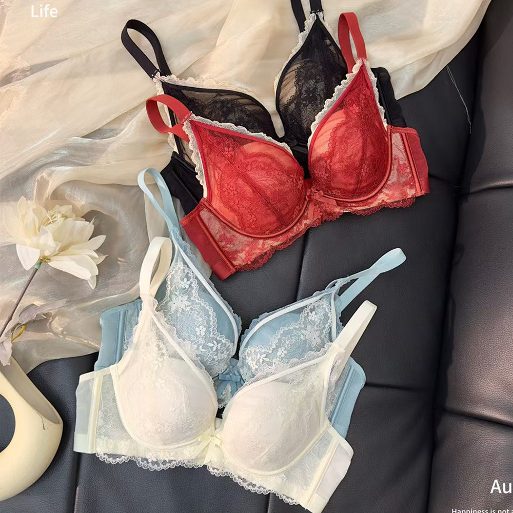 薄款显小胸无钢圈内衣套装女法式蕾丝聚拢性感透气舒适肌肤棉文胸