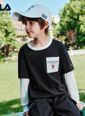FILA X HARVARD哈佛联名儿童长袖T恤男童2025秋季新款中大童上衣