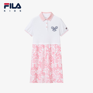 FILA斐乐童装夏季新款女大儿童时尚百搭碎花运动百褶气质连衣裙子