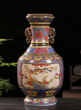仿古中式瓷器珐琅彩开窗双耳花鸟赏瓶景德镇家居客厅陶瓷花瓶摆件