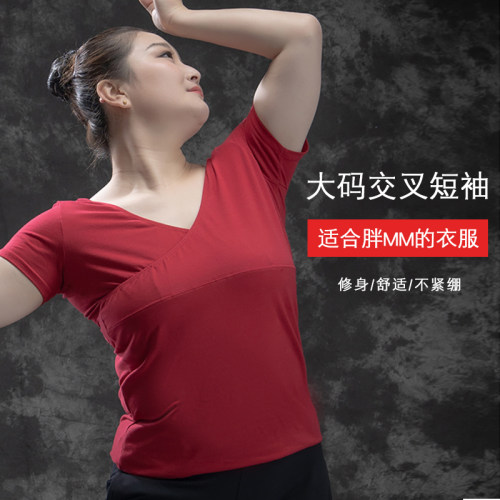 大码舞蹈服 夏练功服短袖上衣胖MM 200斤拉丁舞形体服V领黑色