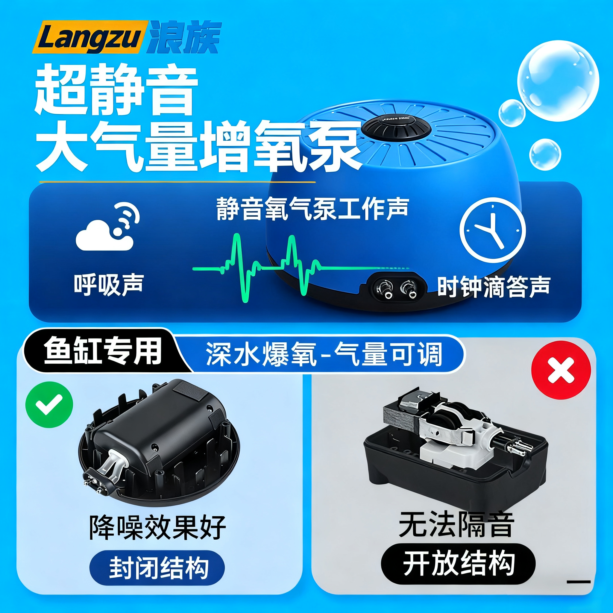 浪族鱼缸增氧泵静音大功率氧气泵鱼缸增氧机鱼缸打氧泵水妖精