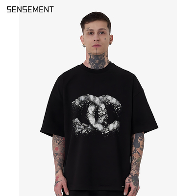 SENSEMENT 手绘涂鸦印花二创恶搞情侣装宽松短袖T恤男女凉感国潮