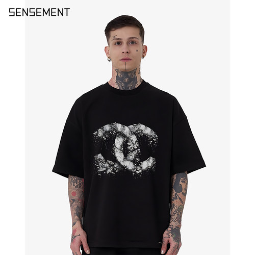 SENSEMENT 手绘涂鸦印花二创恶搞情侣装宽松短袖T恤男女凉感国潮
