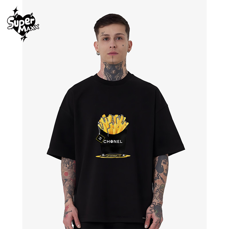 欧洲站高端国潮情侣装短袖T恤恶搞薯条印花宽松短袖T恤男女潮奢