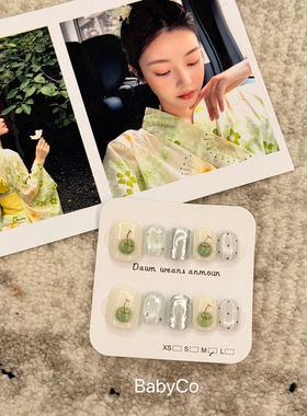收藏一颗青苹果~纯手工穿戴甲！手绘波点可爱可拆卸美甲成品