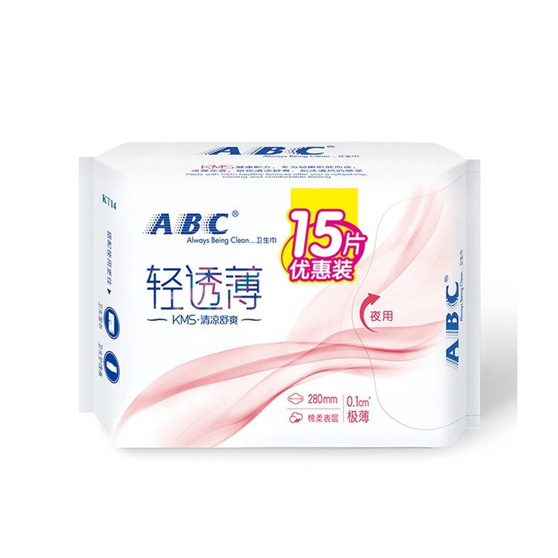 ABC KMS轻透薄清凉舒爽15片优惠装280mm夜用亲肤棉柔表层薄卫生巾怎么样,好用不?