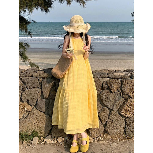 法式气质黄色无袖背心