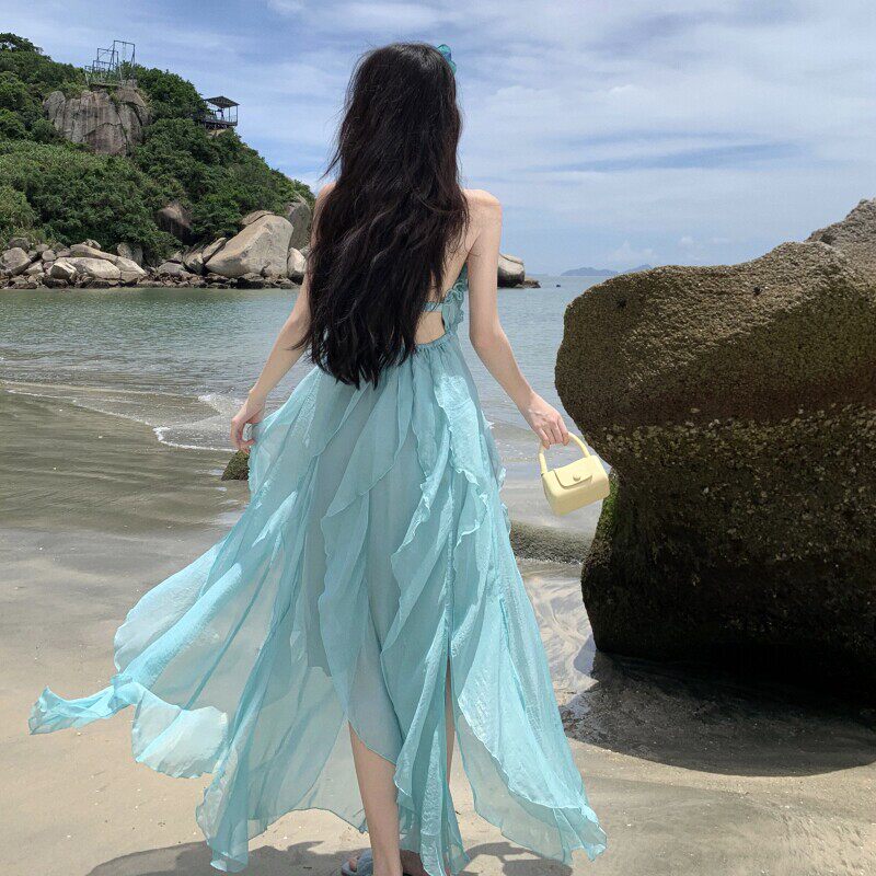蓝绿烫金度假风吊带洋装精致仙女沙滩长裙适合海边拍照的裙子