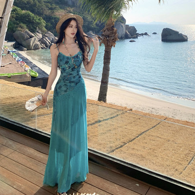 超好看海边度假风蓝色吊带