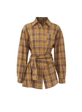 olioni朋克亚比设计感防晒宽松休闲系带收腰条纹衬衫中长款连衣裙