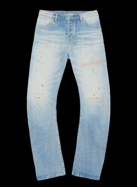 olioni冰雾蓝破坏猫须水洗泼墨高街美式朋克弯刀版型牛仔长裤显高