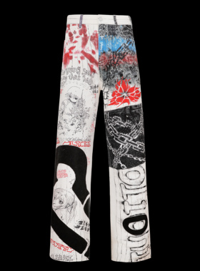 olioni涂鸦二次元亚比文化重工印花remake修身直筒显瘦长牛仔裤子