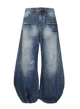 olioni手工铆钉复古水洗做旧宽松阔腿压褶猫须弯刀休闲牛仔裤男女