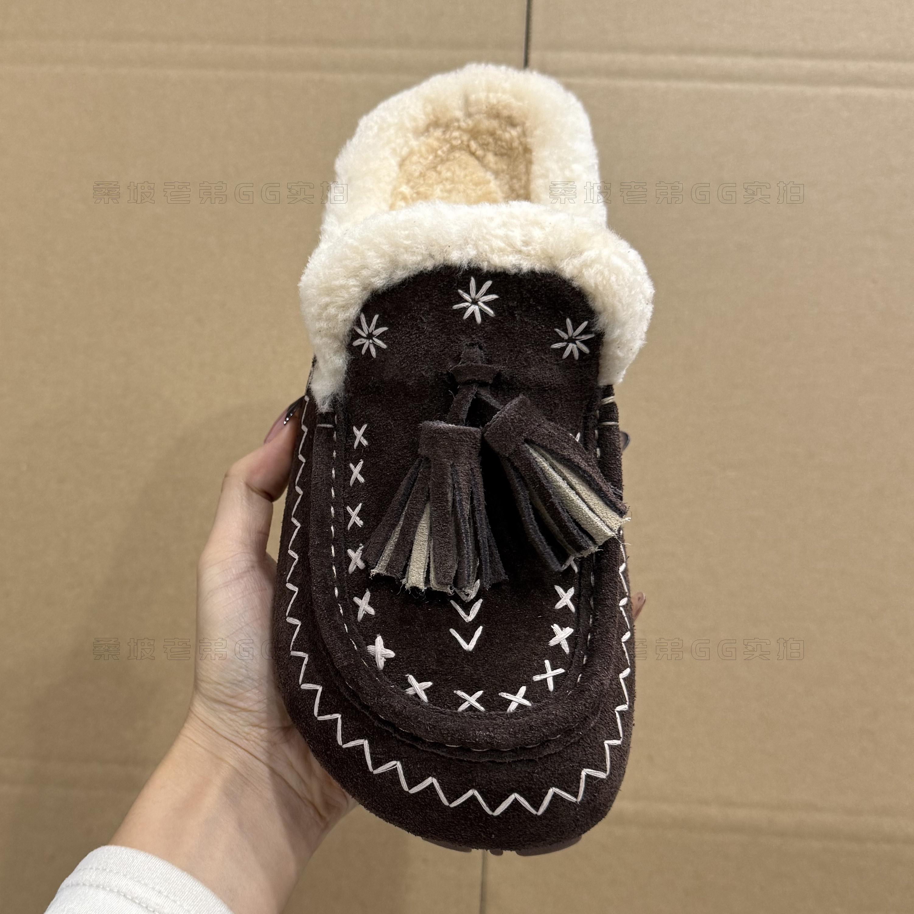 【顺丰包邮】桑坡新款羊毛包头半拖鞋牛皮面雪地靴缝线流苏装饰厚