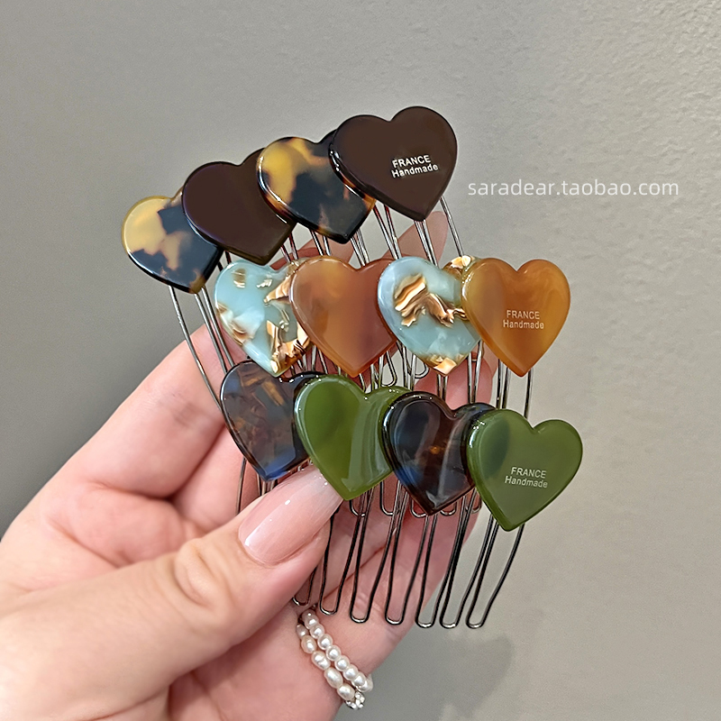 韩国进口France金标拼色爱心倒插梳公主头刘海发梳盘发丸子头发钗