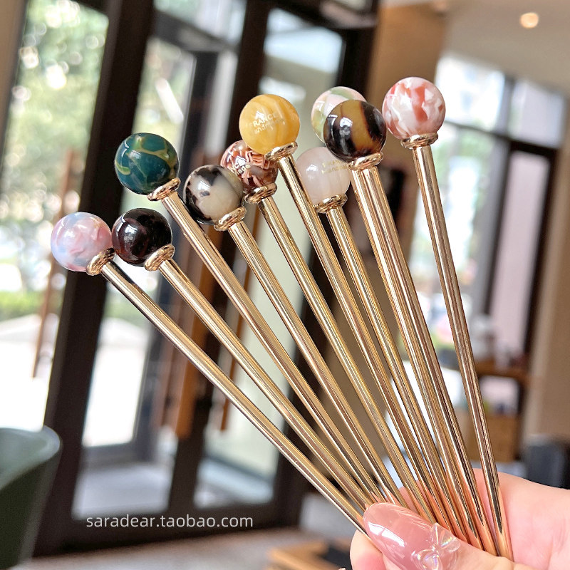 韩国进口France金标简约一字发钗金属发簪子小圆球球丸子头盘发器