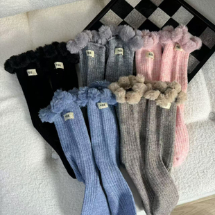 羊毛短袜字母标毛毛袜口花边egg竖条加厚毛绒感短袜毛球堆堆袜潮