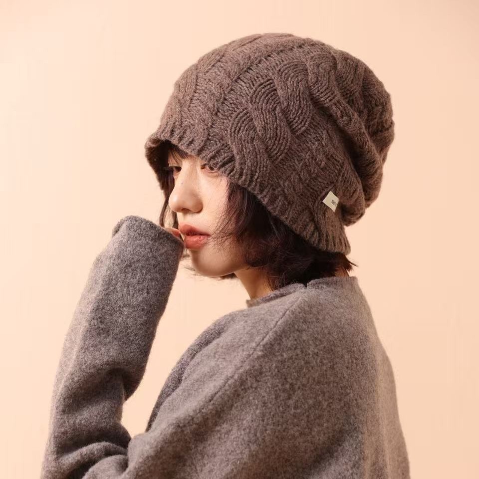 韩国帽子全羊毛麻花针织堆堆帽秋冬新款女士文艺加厚保暖护耳