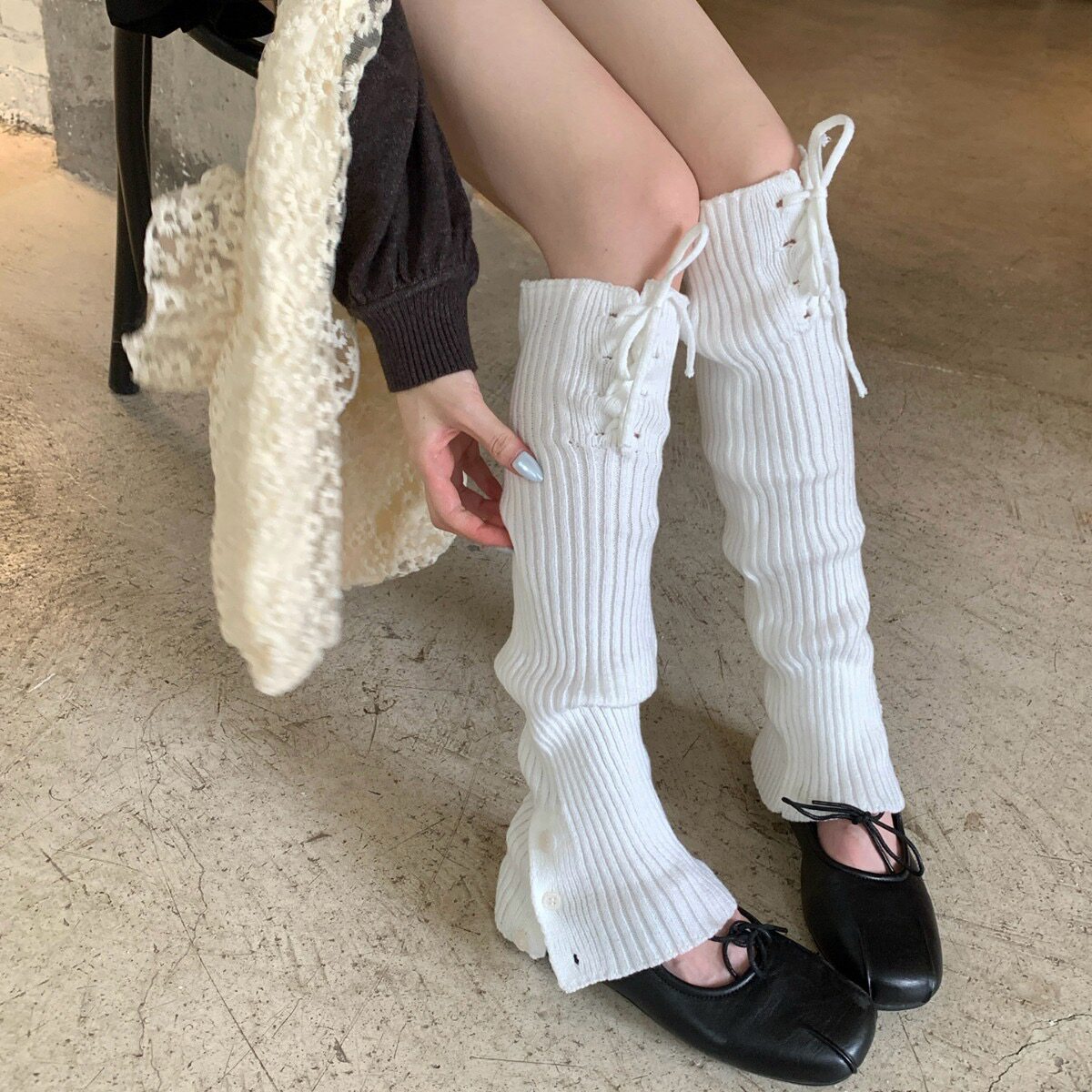 橙法口诀白色ins针织袜套女纽扣开叉过膝长筒个性绑带堆堆袜腿套