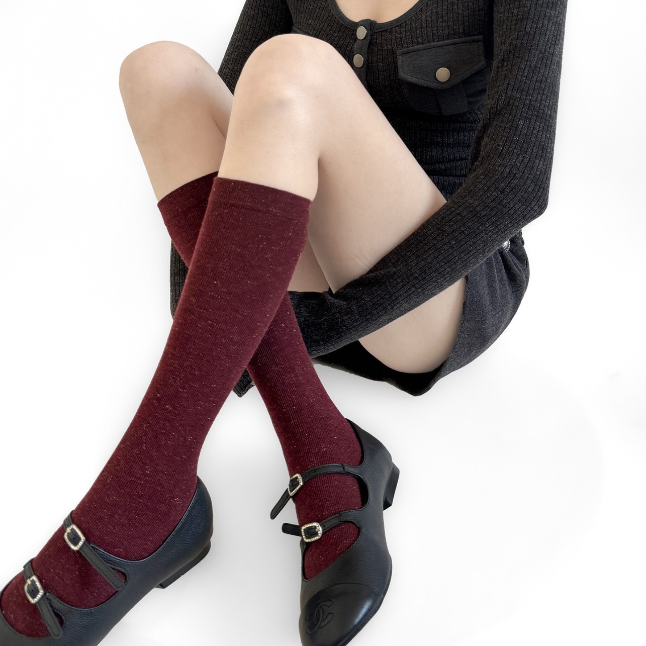 春秋银丝小腿袜显瘦配小皮鞋酒红色堆堆银葱中筒袜高级感秋冬袜子