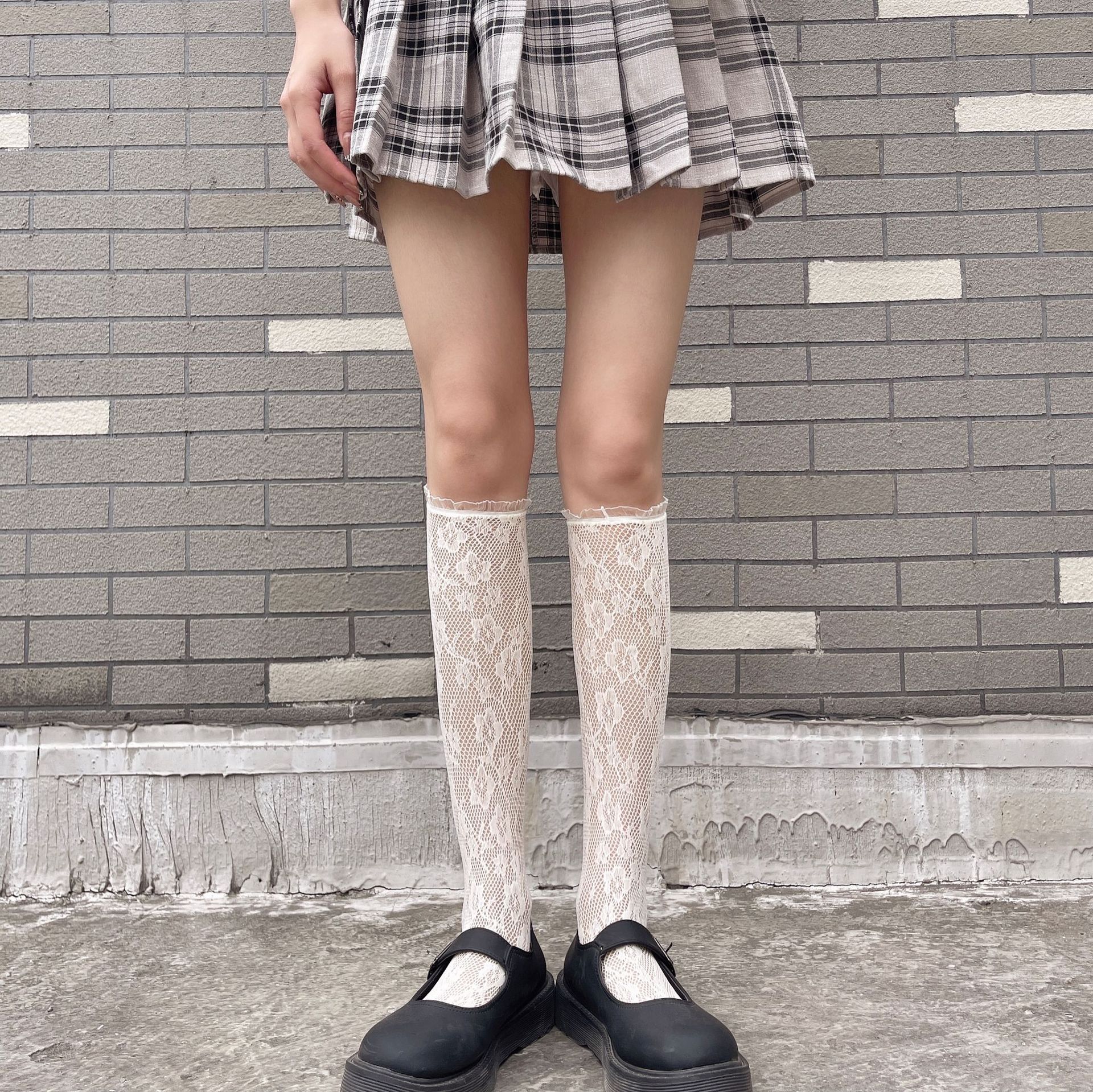 ins春夏日系少女萝莉小碎花蕾丝提花小腿袜欧根纱木耳边中筒袜jk