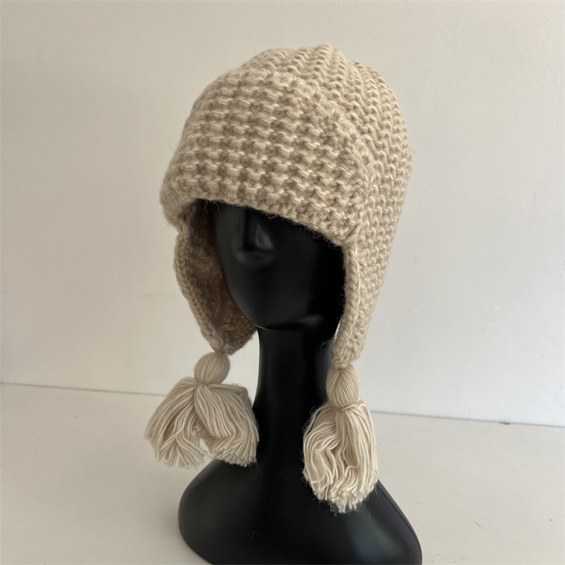 韩系可爱流苏辫子粗羊毛毛线雷锋帽秋冬保暖翻边针织帽飞行帽子