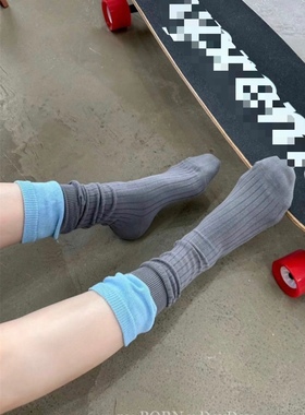 韩国东大门MARCA街头双层拼色竖条纹中筒袜堆堆袜加长腰小腿袜女