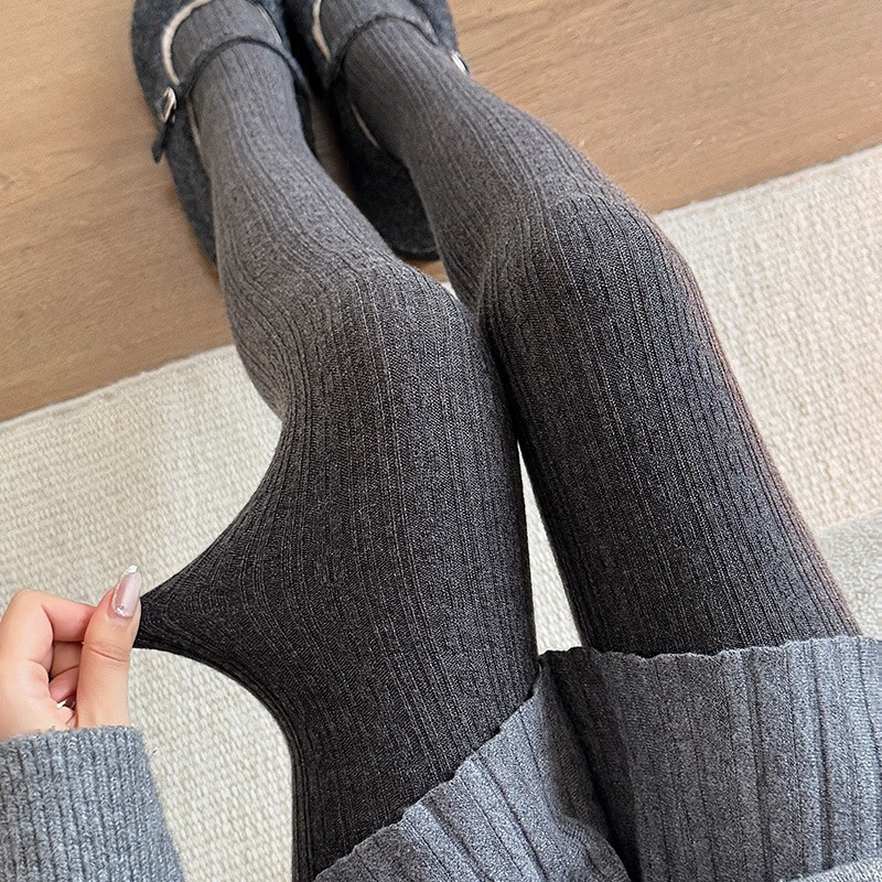 秋冬绵羊毛打底裤袜深灰竖条纹麻花连裤袜女韩系简约百搭美腿袜