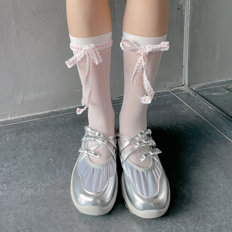 夏季新款点点弹力网袜蝴蝶结粉绑带甜美少女超薄透气小腿袜