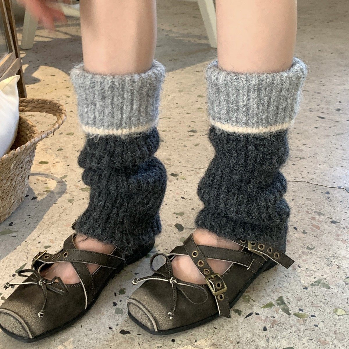 糖果色撞色拼色翻边袜套女秋冬加绒加厚毛毛堆堆袜甜美少女腿套