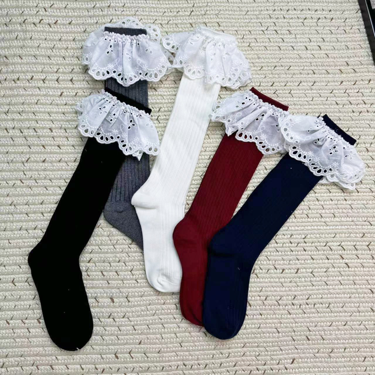 韩版蔓藤纹公主大蕾丝花边可爱甜美荷叶边短袜绿色中筒棉袜小腿袜