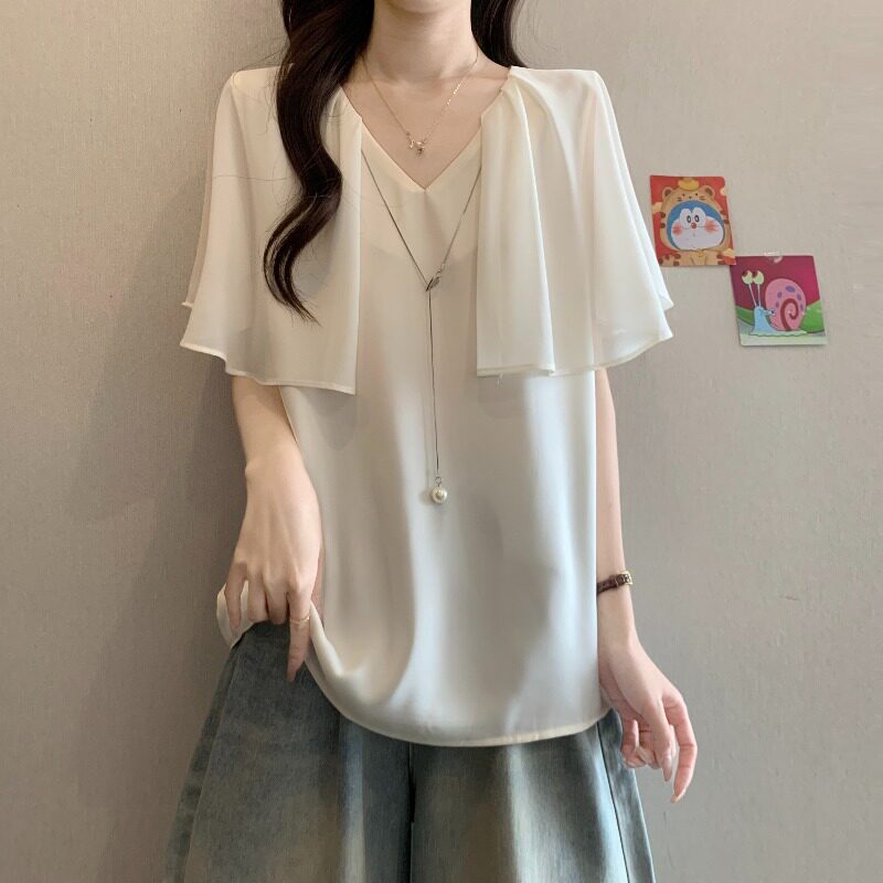 上衣法式V领雪纺斗篷短袖衬衫女夏季大码胖mm宽松遮肚高级感0503d
