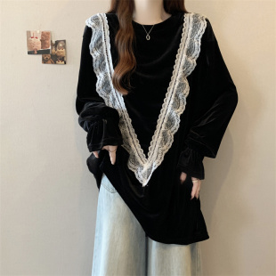 胖mm中长款 秋冬蕾丝拼接打底衫 女装 大码 遮屁股金丝1010z 2025新款