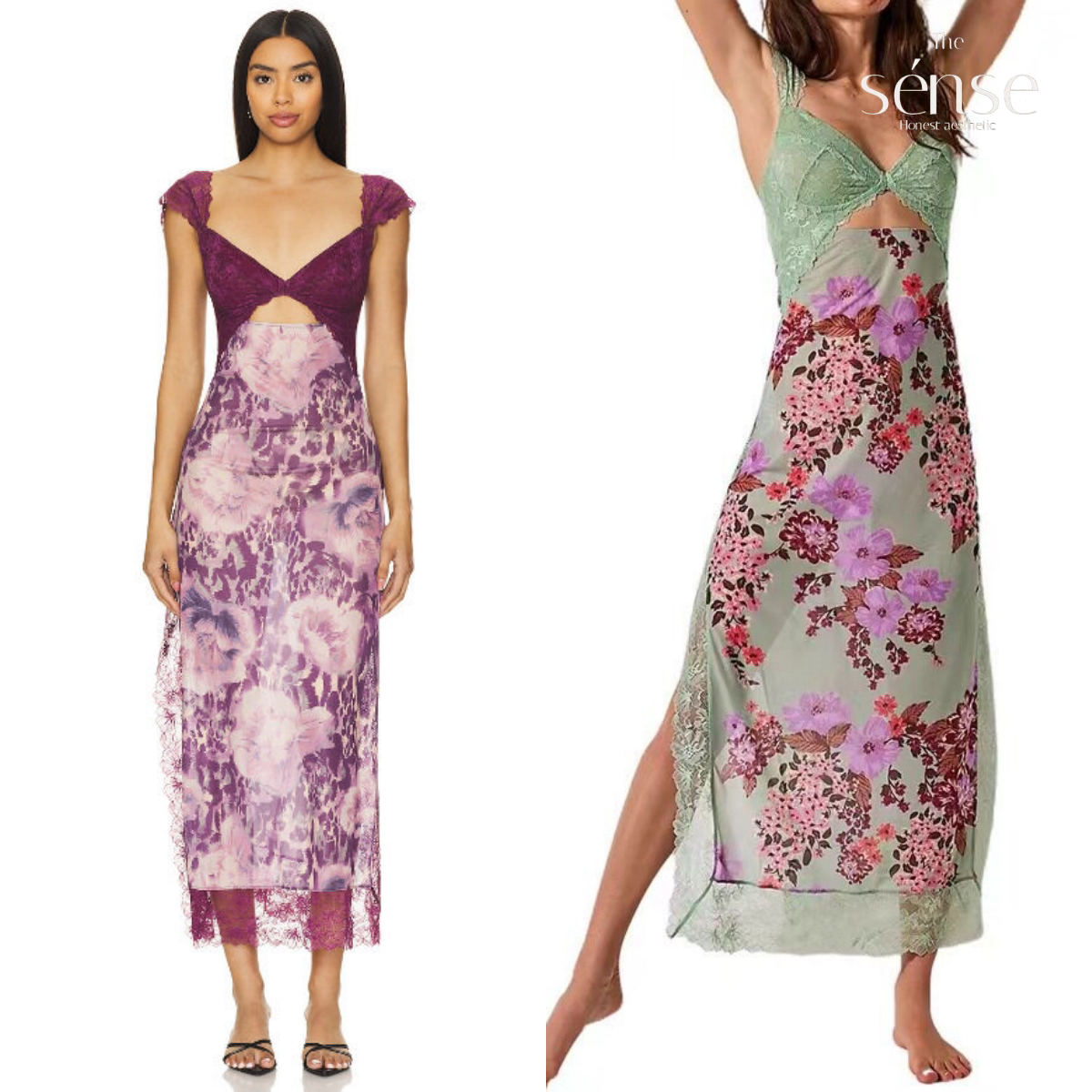 正品现货 Free People 碎花印花蕾丝拼接V领镂空露背开叉连衣裙