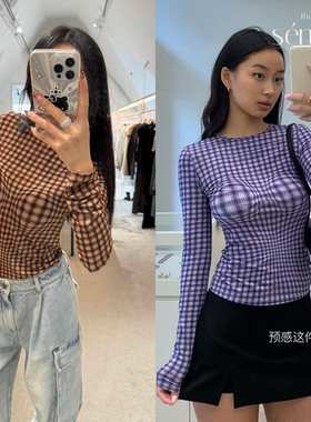 Lisa同款MIAOU蓝紫色棕色格子小圆领长袖修身短款打底衫T恤上衣