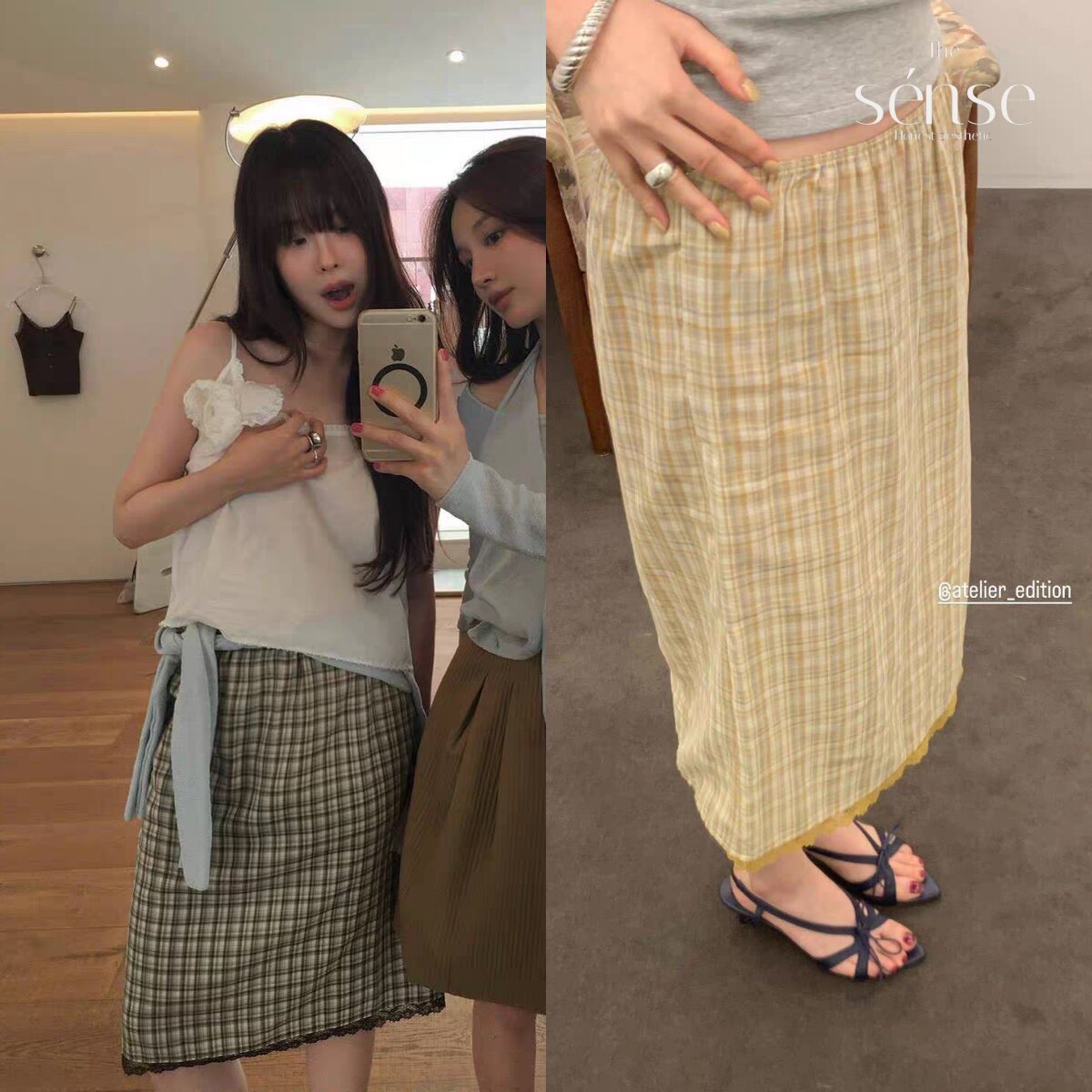格纹优雅松紧蕾丝格子半身裙图片