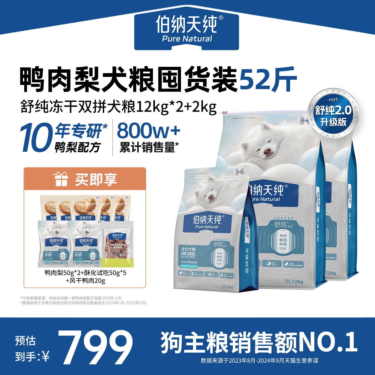 【舒纯2.0升级款】伯纳天纯生骨肉冻干狗粮成犬幼犬鸭肉梨26kg