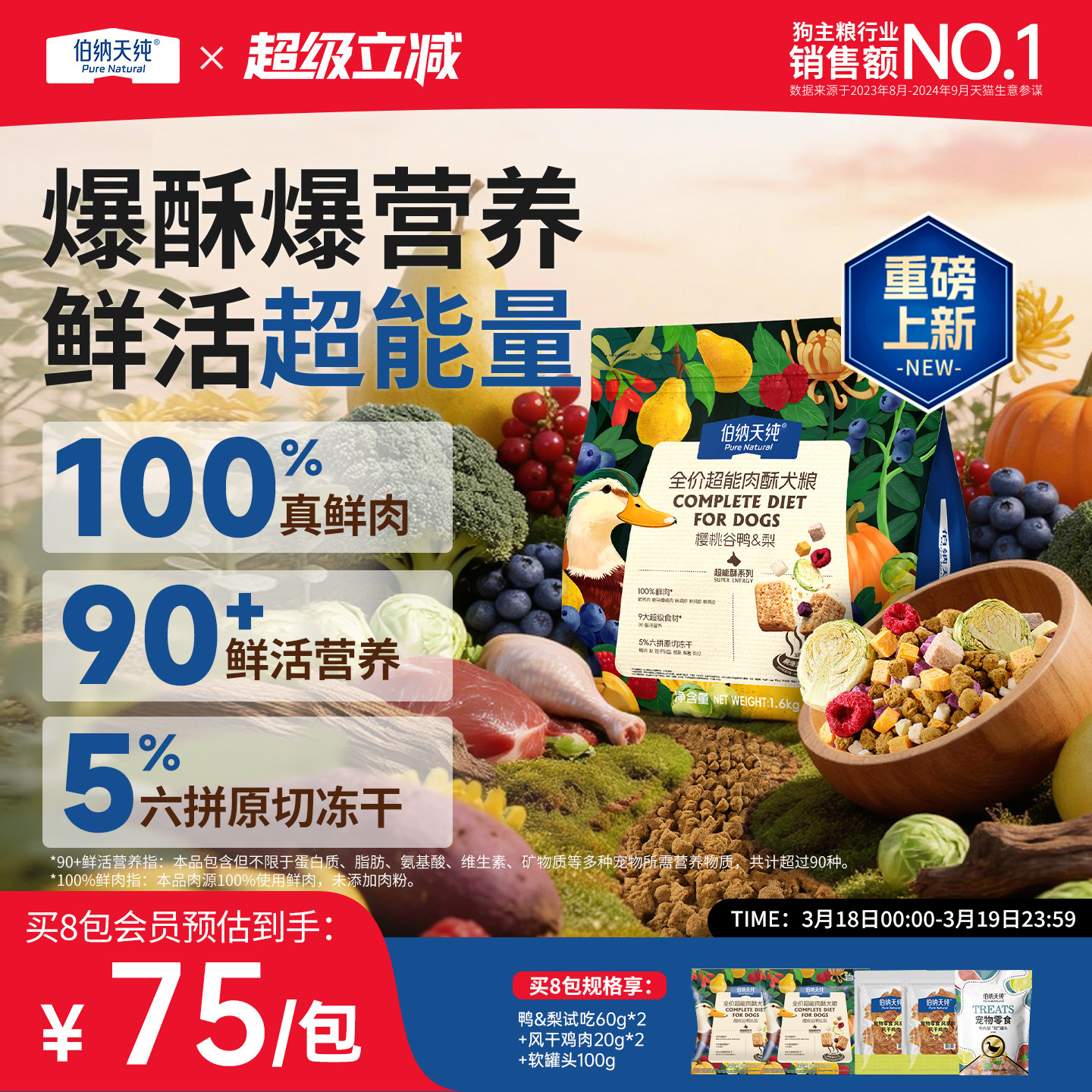 伯纳天纯生鲜super狗粮冻干粮鸭肉梨成犬幼犬通用粮2KG