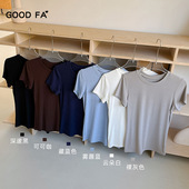 蚕丝螺纹坑条小圆领基础掐腰短袖 2025春夏 T恤上衣女 GOOD