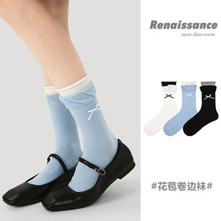 Renaissance创意蝴蝶结双罗口袜子女秋季新款撞色潮搭miu风中筒袜