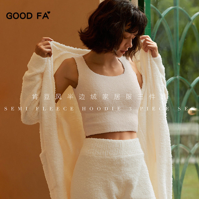 GOOD FA 秋冬女士肯豆风半边绒家居服三件套女保暖睡衣吊带睡袍