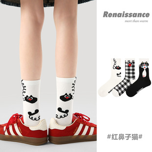 Renaissance原创女袜春夏季 黑白格子中筒袜卡通猫咪精梳棉袜子女