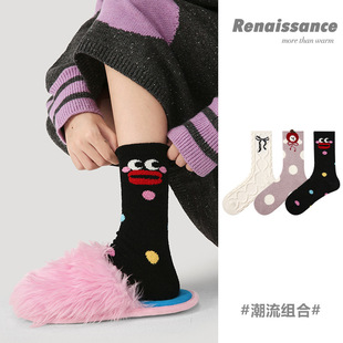 Renaissance袜子女加绒加厚秋冬季 百搭ins潮仿貂绒波点兔子中筒袜