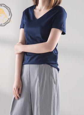 【ANN】四色丝光棉气质女短袖纯白T恤修身纯色V领休闲高端打底衫
