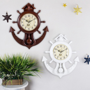 饰静音仿实木船舵挂钟 创意时钟地中海装 钟表挂钟客厅家用时尚 个性