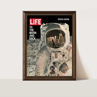 装饰画有框挂画壁画美式复古怀旧航天阿波罗登月时代周刊杂志