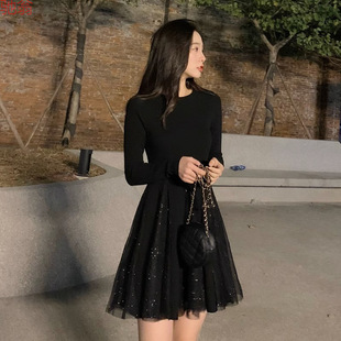 小 小香风拼接网纱亮片内搭短款 Y9Z小个子收腰修身 连衣裙秋冬新款