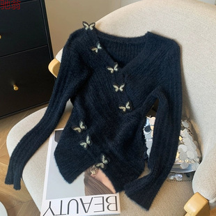 上 女秋冬纯欲蝴蝶毛衣ins不规则短款 Y9Z赫本风v领韩版 奢华针织衫